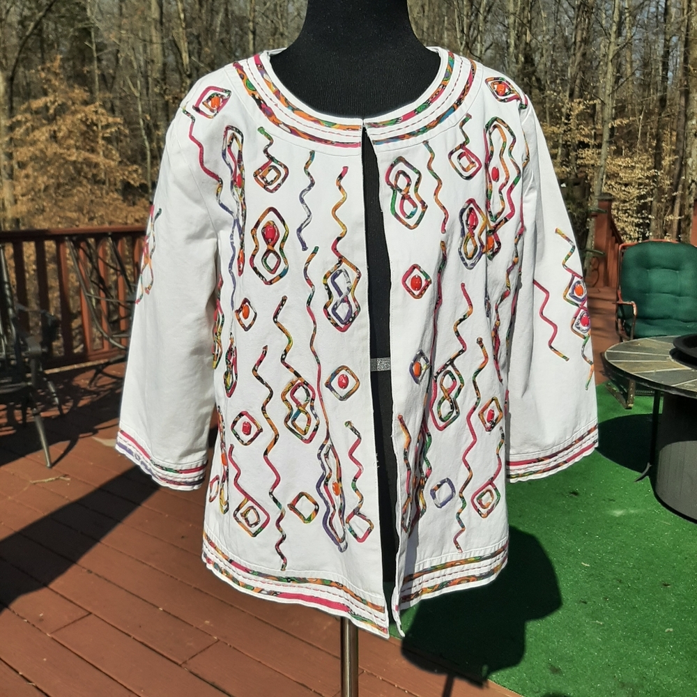 Choices Open Front White Cotton Jacket Size M